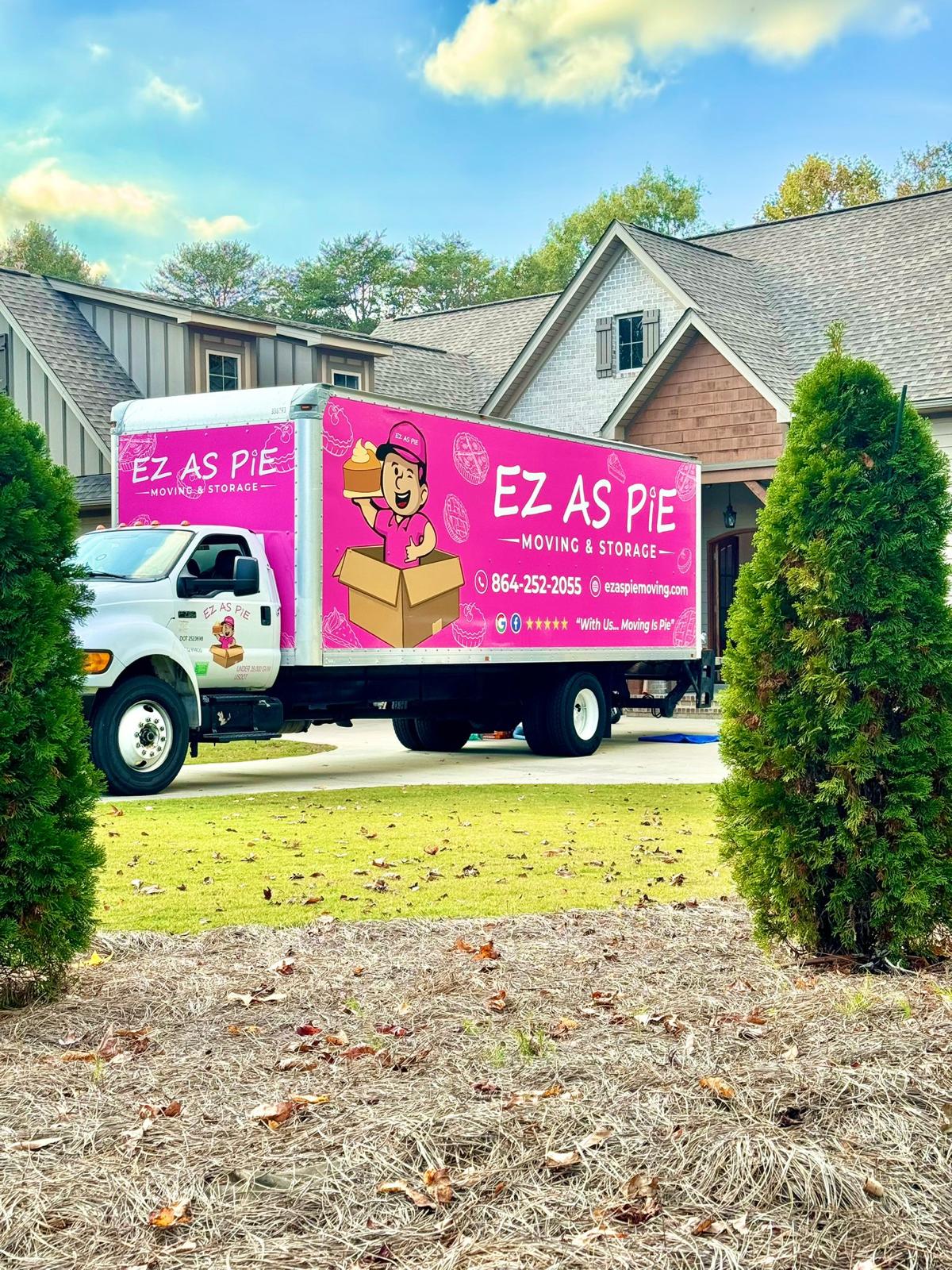 Pink EZ As Pie moving truck at an Upstate home